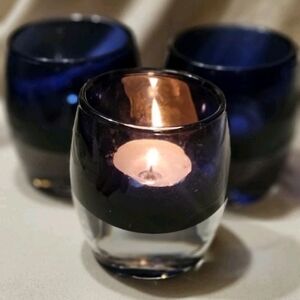 Vintage Diva Votive Sapphire Blue Polish Art Glass Crate & Barrel Set Of Three
